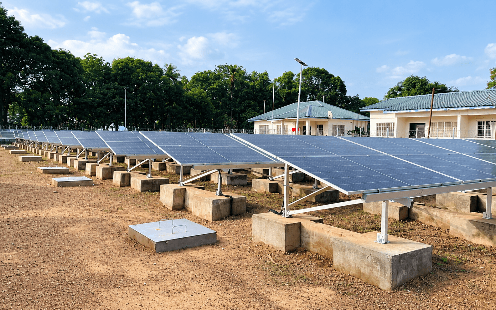 Solar PV system installation at Bo Government Hospital, supporting neonatal and critical care units.